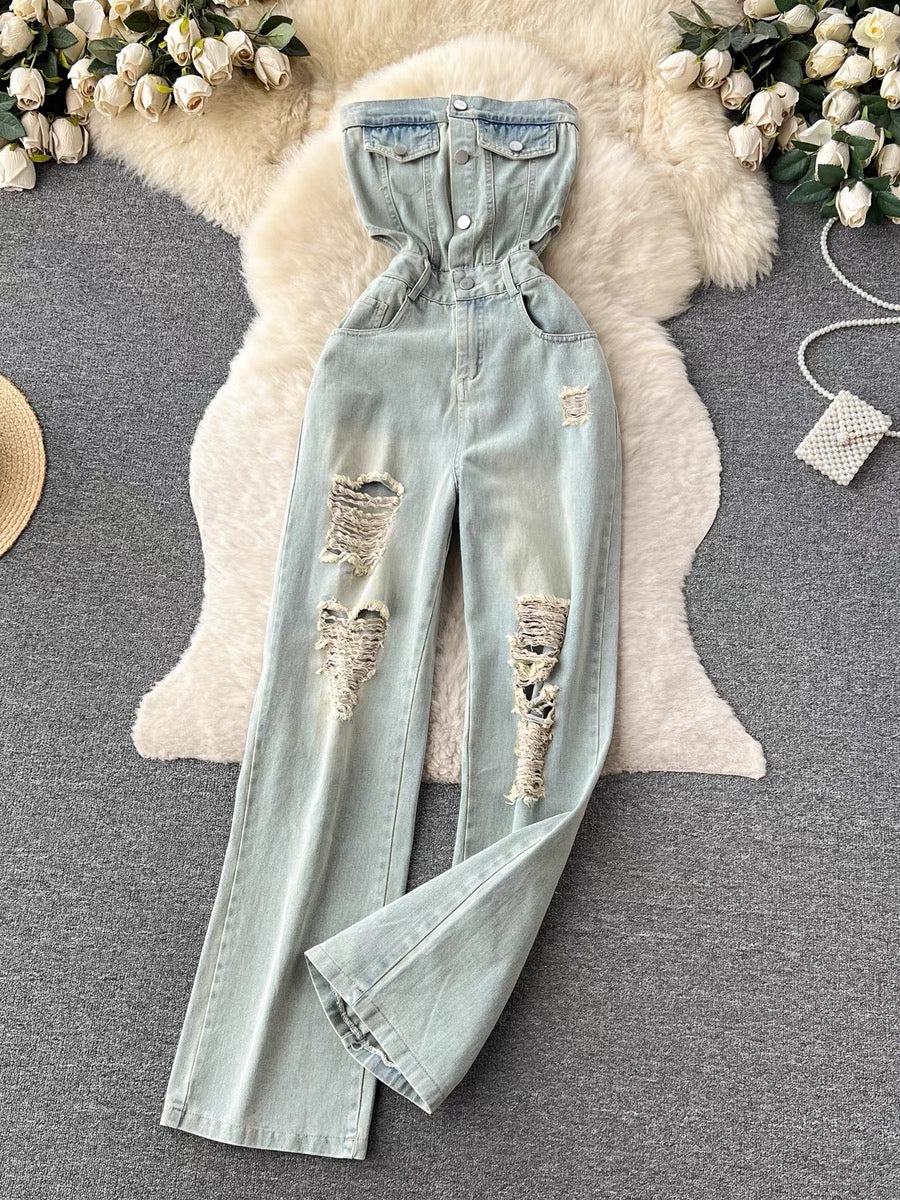 Ruhun Denim Tube Distressed Jumpsuit