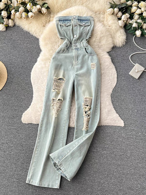 Ruhun Denim Tube Distressed Jumpsuit