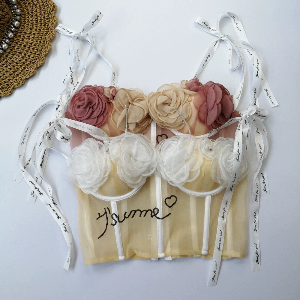 3D Floral Mesh Ribbon Strap Bustier Top