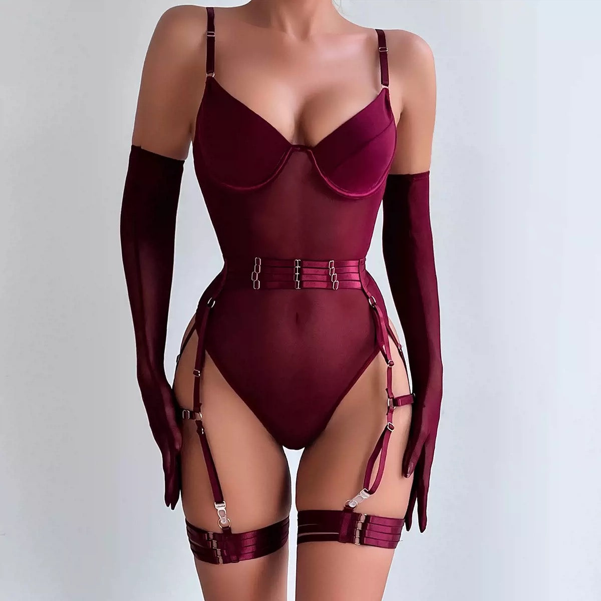 Roderno Mesh Intimate Wear Bodysuit With Thigh Cuffs And Gloves