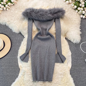 Off Shoulder Fur Bodycon Dress