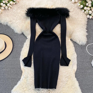 Off Shoulder Fur Bodycon Dress