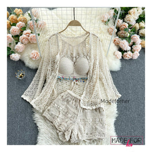 Austin Crochet Blouse With Shorts And Cape Set