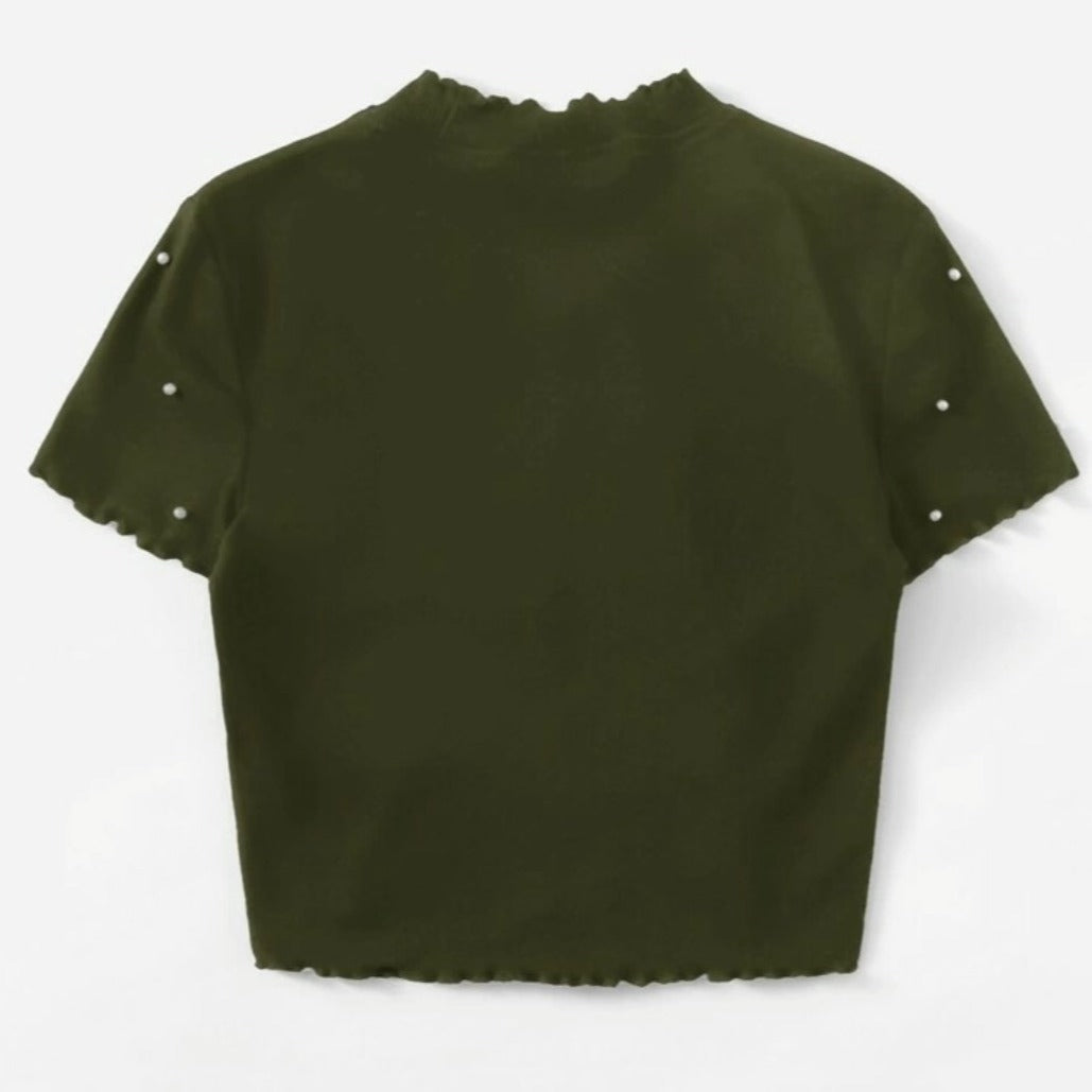 Pearl Beaded Lettuce Trim Rib-knit Tee