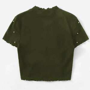 Pearl Beaded Lettuce Trim Rib-knit Tee