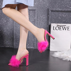 Square Toe Feather Chunky Heeled Slippers - Made For Her Label