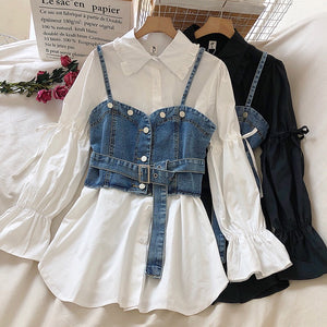 Ruffled Shirt With Denim Cami Vest Top