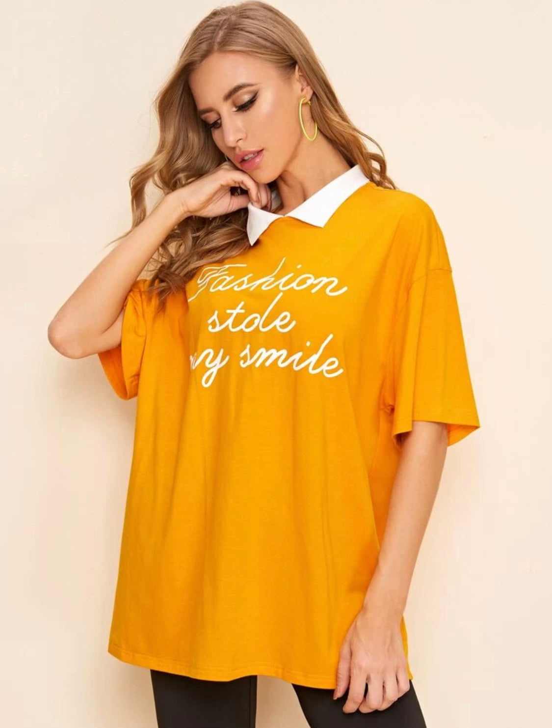 Contrast Collar Drop Shoulder Slogan Graphic Top