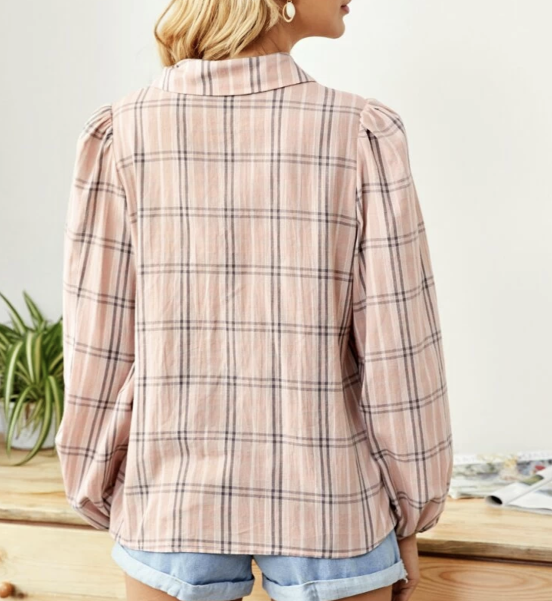 Lantern Sleeve Plaid Blouse