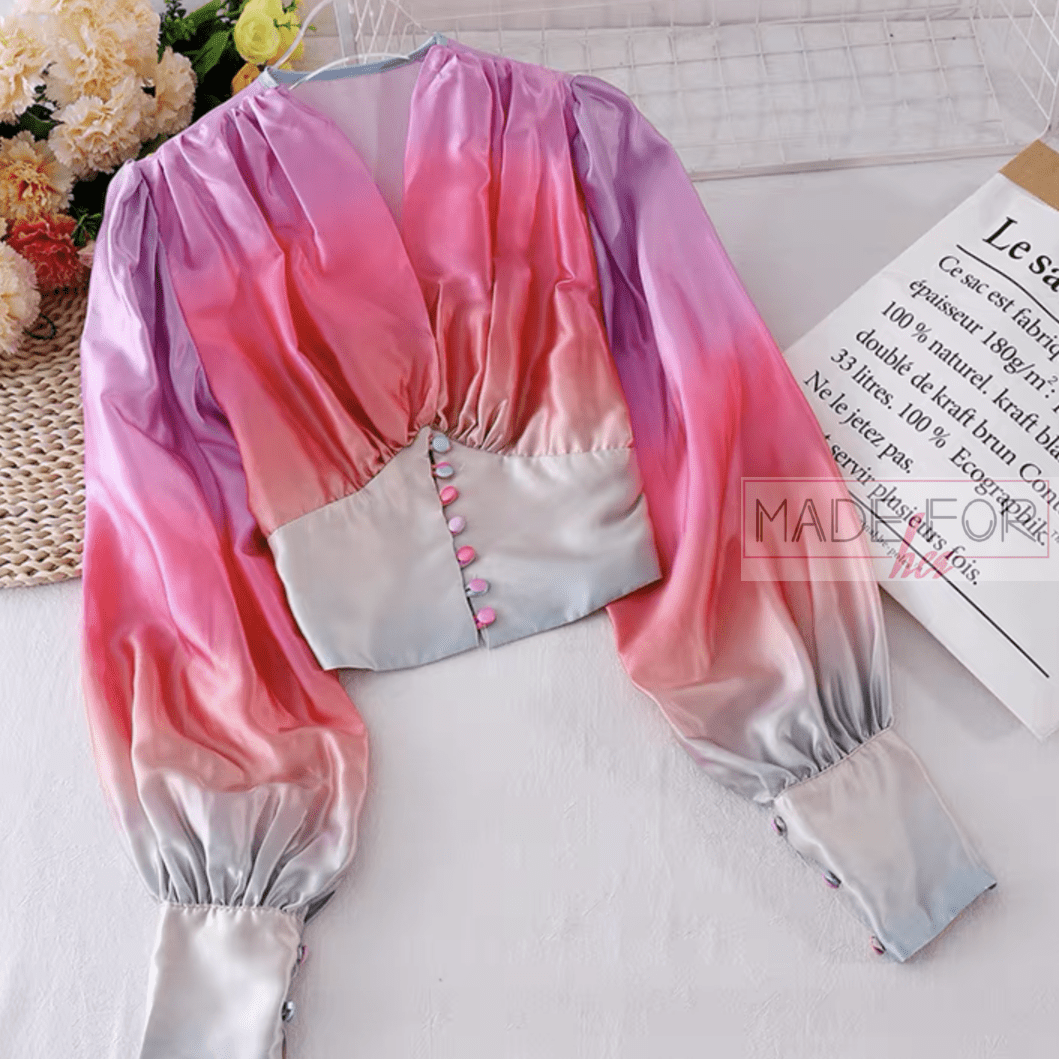 V Neck Colourful Gradient Lantern Sleeve Blouse - Made For Her Label