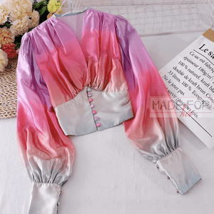 V Neck Colourful Gradient Lantern Sleeve Blouse - Made For Her Label