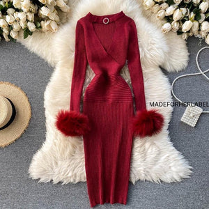 V Neck Knitted Bodycon Dress