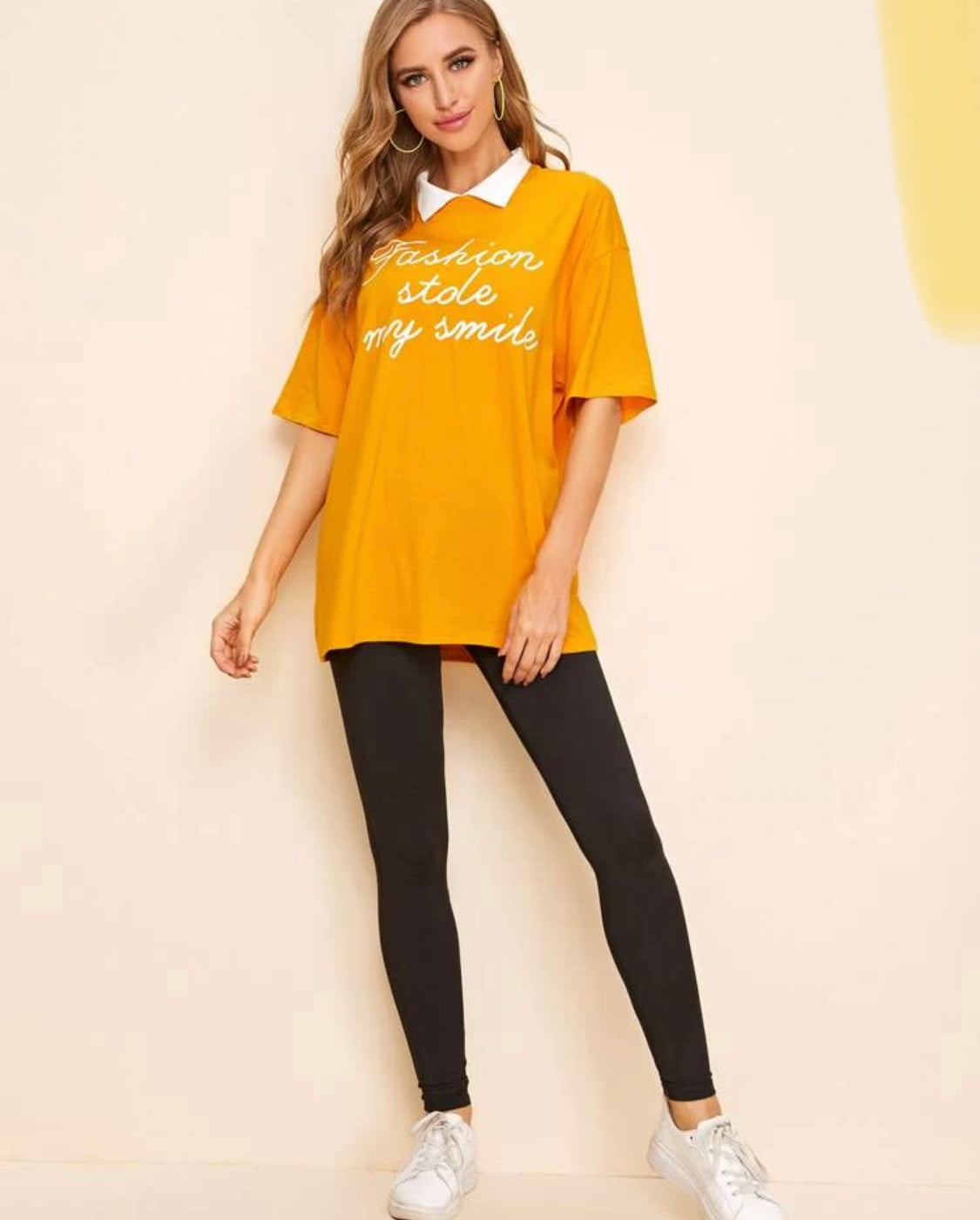 Contrast Collar Drop Shoulder Slogan Graphic Top