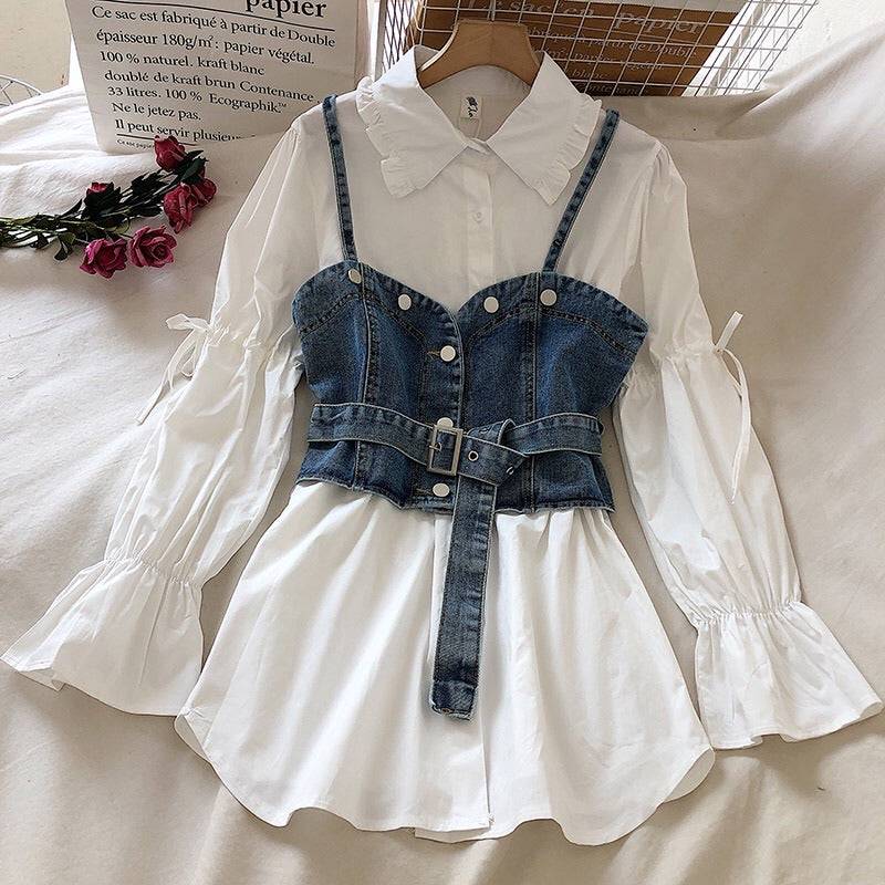 Ruffled Shirt With Denim Cami Vest Top