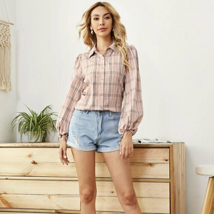 Lantern Sleeve Plaid Blouse