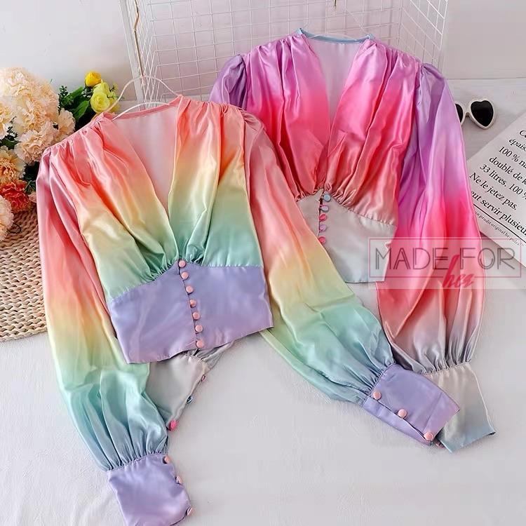 V Neck Colourful Gradient Lantern Sleeve Blouse - Made For Her Label