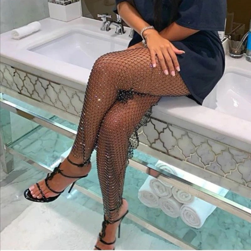 Kylie Rhinestone Crystal Diamond Mesh Fishnet Legging Trousers  AZURA THE  LABEL