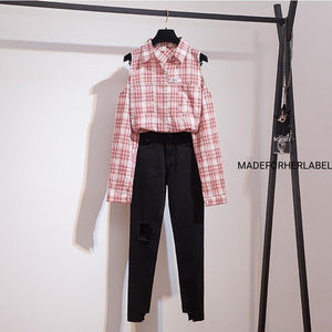 Cold Shoulder Checkered Shirt With Pants Set