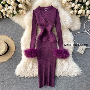 V Neck Knitted Bodycon Dress