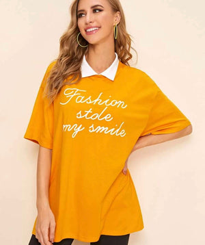 Contrast Collar Drop Shoulder Slogan Graphic Top