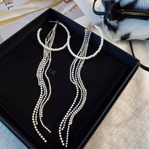 Rhinestone Tassel With Pearl Hoops Earrings