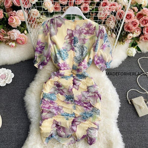 V Neck Floral Bodycon Mini Dress