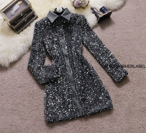 Collar Buttoned Sequin Dress