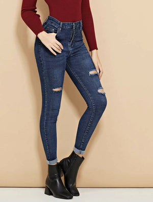 Ripped Roll-Up Skinny Jeans