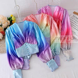 V Neck Colourful Gradient Lantern Sleeve Blouse - Made For Her Label