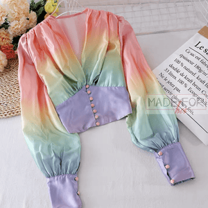 V Neck Colourful Gradient Lantern Sleeve Blouse - Made For Her Label