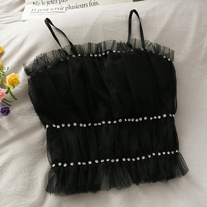 Larry Tulle Rhinestone Beading Top